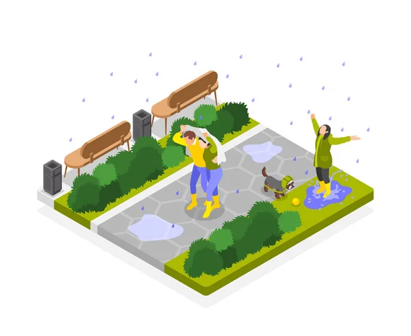 Rainy Day Isometric Composition Isolated View People Park Walking Rainfall — Stock Vector
