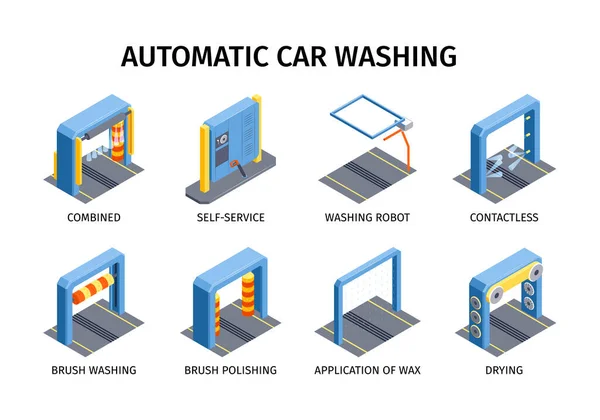 Isometric Automated Car Wash Set Isolated Compositions Text Captions Views — Stock Vector