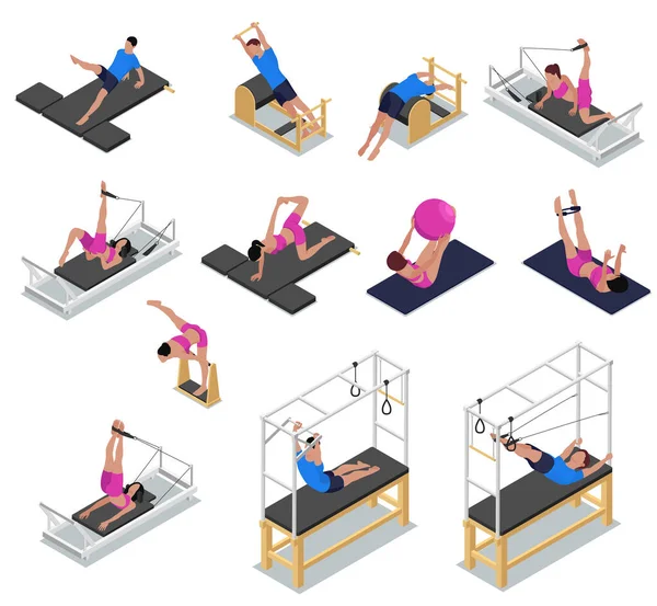 Ισομετρική Σειρά Pilates Μεμονωμένες Εικόνες Γυμναστικής Συσκευής Και Ανθρώπινους Χαρακτήρες — Διανυσματικό Αρχείο