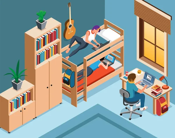 Dormitor Student Living Izometric Fundal Vecinii Care Studiază Acasă Împreună — Vector de stoc