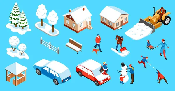 Zimowe Miasto Izometryczny Zestaw Pokrytych Śniegiem Domów Samochodów Człowiek Łopatą — Wektor stockowy