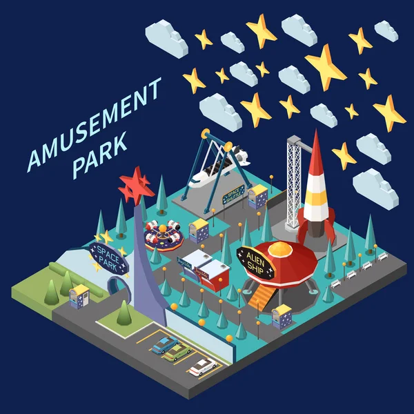 Lunapark Izometrik Kompozisyonu Uzay Parkının Roketleri Yabancı Gemi Vektör Çizimleriyle — Stok Vektör