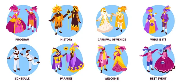 Costumi Isometrici Veneziani Set Carnevale Composizioni Con Testo Abiti Diversi — Vettoriale Stock