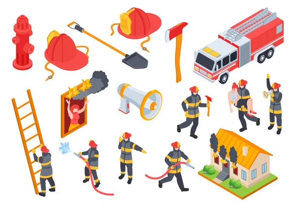 Izometryczny Zestaw Ikon Strażaków Kawałkami Wyposażenia Członków Załogi Strażaków Ilustracji — Wektor stockowy