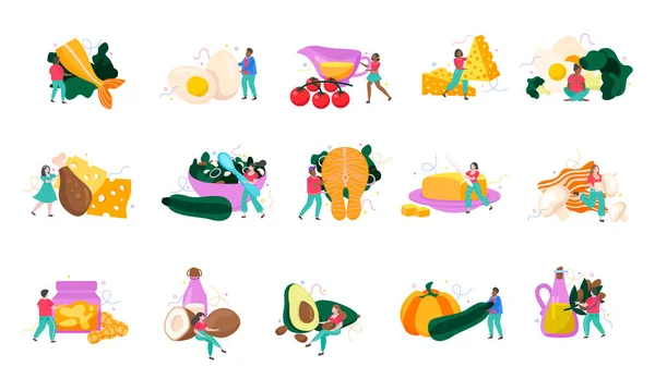 Keto Diät Flache Umfärbung Von Kleinen Menschlichen Zeichen Mit Fleisch — Stockvektor