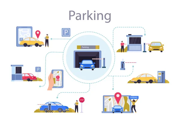 Parkoló Lakás Összetételű Parkoló Benzinkút Előtt Akadály Elektronikus Térkép Parkoló — Stock Vector