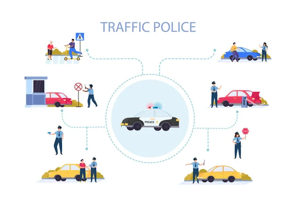 交通警察フラットフローチャート大きな見出しと異なる交通状況ベクトル図 — ストックベクタ