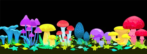 Magic Glowing Mushrooms Concept Fantasy Symbols Flat Vector Illustration — Stock Vector