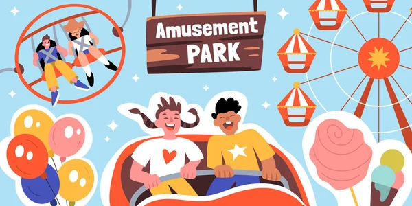 Amusement Park Composition Collage Flat Images Signboard Text Teenagers Taking — Stock Vector