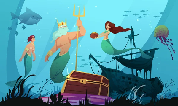 Mondo Subacqueo Concetto Cartone Animato Con Sirene Poseidone Vettoriale Illustrazione — Vettoriale Stock