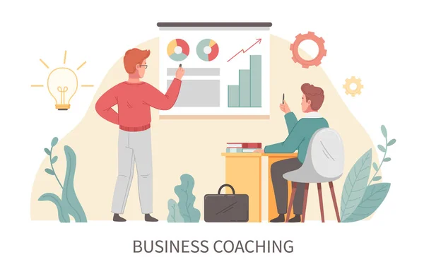 Coaching Platte Cartoon Concept Met Business Training Scene Vector Illustratie — Stockvector