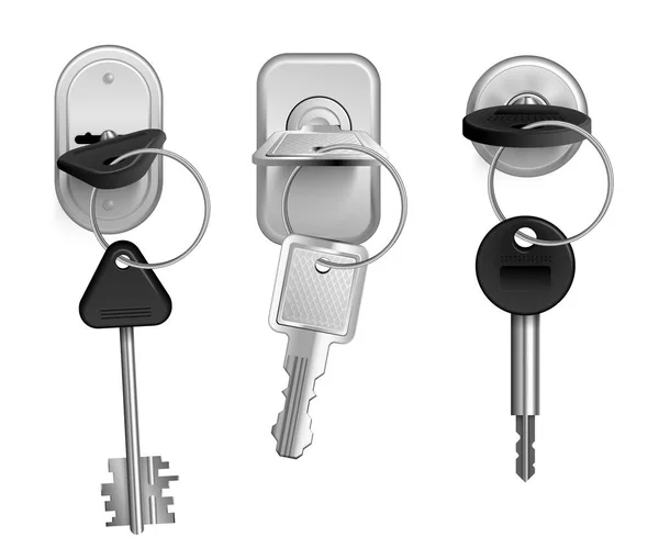 Realistic Keys Keyholes Icon Set One Key Set Inserted Lock — Stock Vector