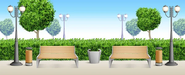 Realistic Park Bench Background Two Benches Strollers Set Park Bushes — Stock Vector