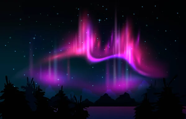 Luci Polari Viola Illuminante Paesaggio Notturno Con Sagome Montagne Conifere — Vettoriale Stock