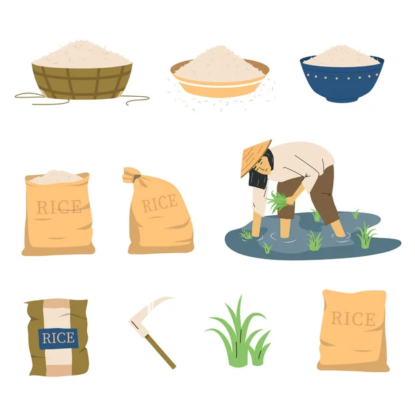 Reisproduktion Flache Symbolset Schneiden Reissäcke Grütze Schüsseln Und Tellern Vektor — Stockvektor