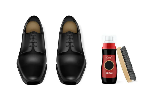 Fekete Pár Fényes Bőr Férfi Cipő Cipőtisztító Ecset Reális Összetételű — Stock Vector