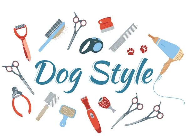 Hondenverzorging Set Met Professionele Stijl Symbolen Plat Geïsoleerde Vector Illustratie — Stockvector
