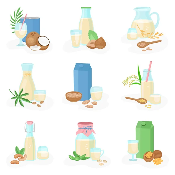 Vegan Σύνολο Γάλακτος Επίπεδες Εικόνες Συσκευασίες Και Φλιτζάνια Γάλακτος Σιτηρών — Διανυσματικό Αρχείο