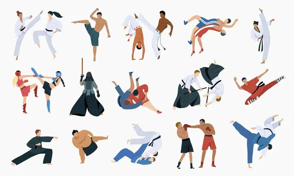 Martial Arts Pictogrammen Ingesteld Met Vechten Symbolen Platte Vector Geïsoleerde — Stockvector