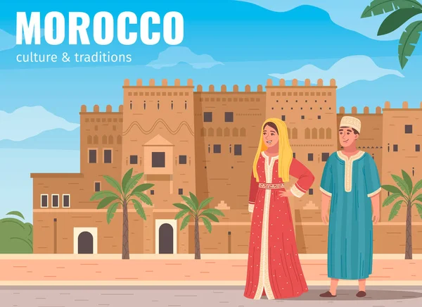 带有传统男女城堡和天空背景的摩洛哥旅游平面构图及文字矢量图解 — 图库矢量图片