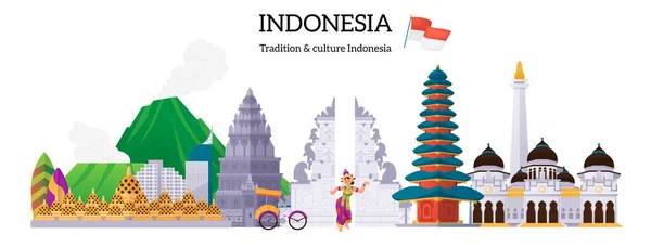 Indonesia Flat Banner Cultural Landmarks Symbols Vector Illustration — Stock Vector