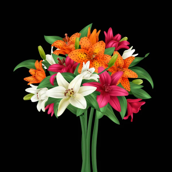 Ρεαλιστικό Πολύχρωμο Μπουκέτο Λουλουδιών Κρίνου Σκούρο Φόντο Διανυσματική Απεικόνιση — Διανυσματικό Αρχείο