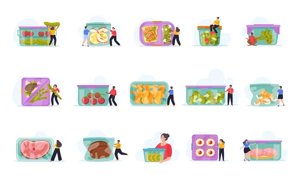 Food Containers Zero Waste Storage Set Isolated Icons Doodle People — Stock Vector