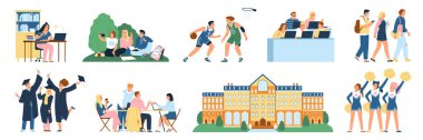 Students flat icons set with university buildings and campus life scenes isolated vector illustration clipart