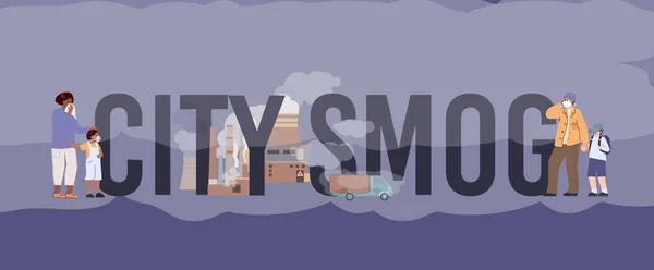 トラックや人々と霧の工場のイメージに囲まれたフラットテキストと都市スモッグ組成ベクトルイラスト — ストックベクタ