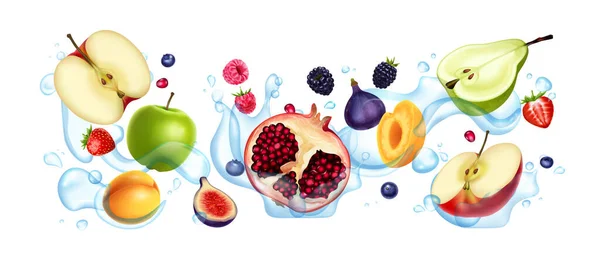 Frutas Maduras Frescas Realistas Flotando Salpicaduras Agua Vector Ilustración — Vector de stock