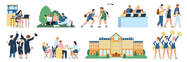 Students Flat Icons Set University Buildings Campus Life Scenes Isolated — Stock Vector