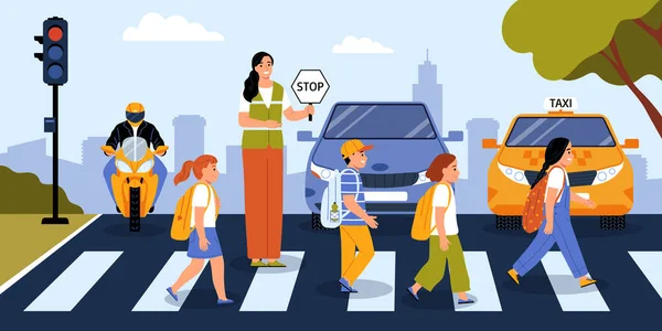 歩行者の子供のシンボルフラットベクトルイラストと安全と輸送の背景 — ストックベクタ