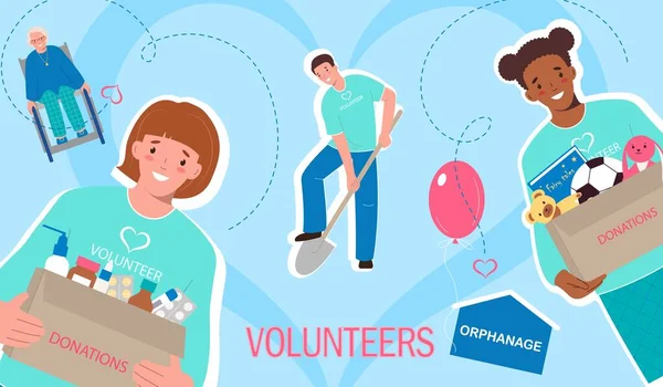 Волонтерство Плоского Коллажа Счастливыми Пожилыми Людьми Собирающими Пожертвования Работающими Векторной — стоковый вектор