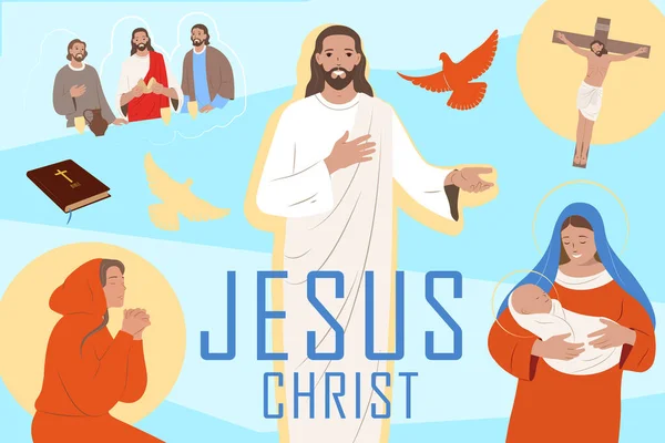 Jesucristo Vida Collage Plano Con Madre Mary Crucifixión Vector Ilustración — Vector de stock
