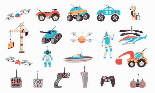 Controle Speelgoed Set Met Vervoer Drones Symbolen Platte Geïsoleerde Vector — Stockvector