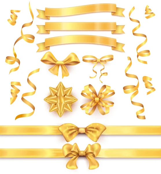 Holiday Collection Realistic Gold Ribbons Bows Gift Decoration Isolated Vector — Stock Vector