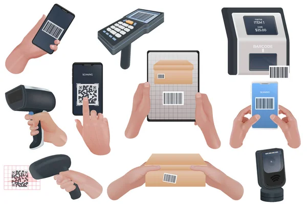 隔離された人間の手を持つ現実的なアイコンのセットをスキャンコードスキャナタグと段ボール箱のイラストベクトル — ストックベクタ