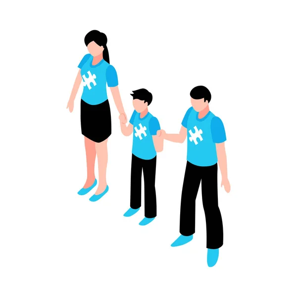 Concept Isométrique Sensibilisation Autisme Avec Trois Personnes Portant Des Shirts — Image vectorielle
