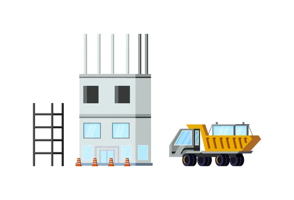 Sitio Construcción Plana Con Ilustración Vectores Construcción Camiones Sin Terminar — Archivo Imágenes Vectoriales
