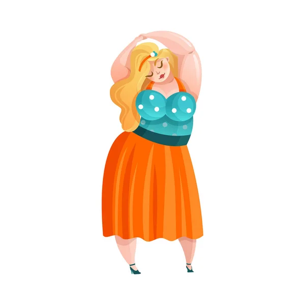 Pretty Size Plump Blonde Woman Wearing Summer Dress Flat Vector — Stock Vector