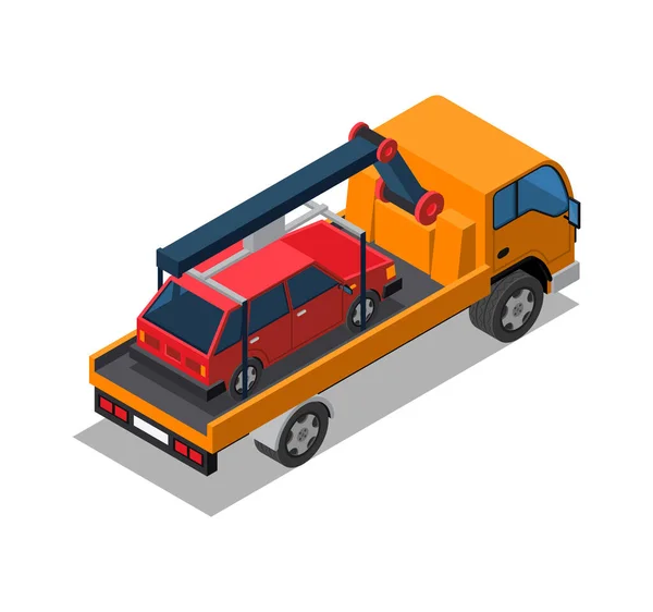 Isometric Tow Truck Transporing Car Back View Vector Illustration — Stock Vector