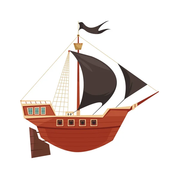 Kreskówka Pirat Statek Czarnymi Żaglami Wektor Ilustracji — Wektor stockowy