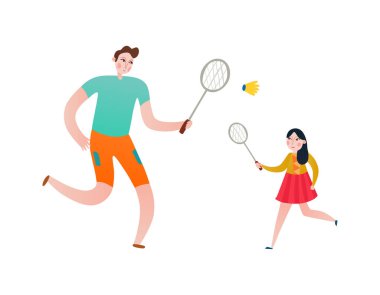 Badminton vektör illüstrasyonu oynayan kız ve erkeğin olduğu düz aile yaz aktivitesi konsepti