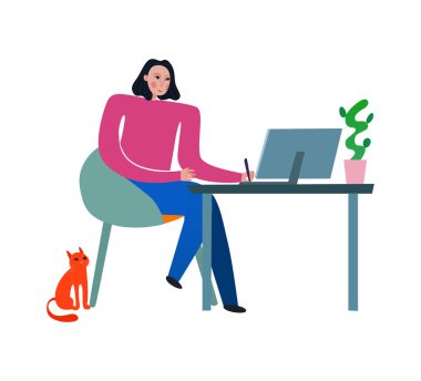 Ev vektörü illüstrasyonunda bilgisayar üzerinde çalışan düz kadın grafik tasarımcısı