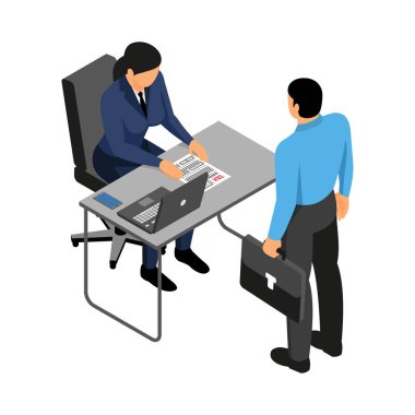 İzometrik vergi ödeme ikonu müfettiş ve 3D vektör illüstrasyonlu.