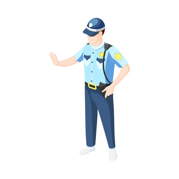 Izometrický Muž Policista Uniformě Dělá Stop Gesto Vektorové Ilustrace — Stockový vektor