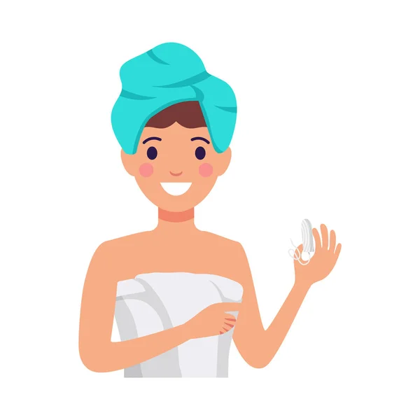 女性衛生フラットアイコンともに幸せな女性保持タンポンベクトルイラスト — ストックベクタ
