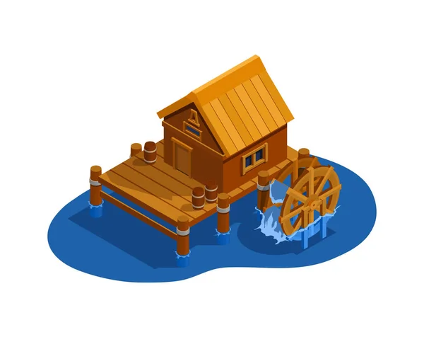 Medieval Wooden Water Mill Isometric Vector Illustration — Stock Vector