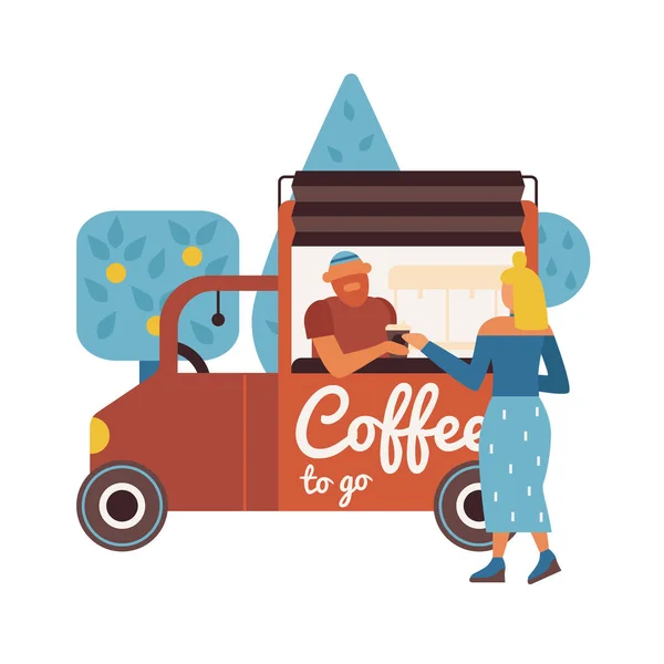 Lapos Kávé Teherautó Szállító Amely Műanyag Pohár Vevő Vektor Illusztráció — Stock Vector