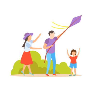 Yaz aile aktivitesi düz konsept ebeveynler ve küçük kız uçurtma vektör çizimi
